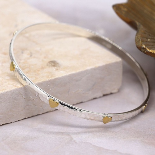 Sterling Silver Hammered Bangle with Hearts by Peace of Mind